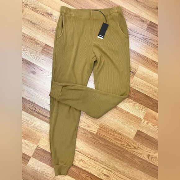 New MONROW‎ Ribbed Cuffed Sweats Sweatpants Jogger Pants Tan Green Brown Size XS - Picture 1 of 10